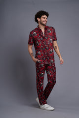 Skull and Rose Printed Red Shirt With Pant Co-Ord Set For Men