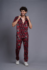 Skull and Rose Printed Red Shirt With Pant Co-Ord Set For Men