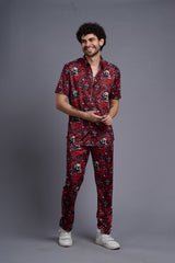 Skull and Rose Printed Red Shirt With Pant Co-Ord Set For Men