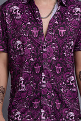 Skull and Rose Printed Purple Shirt with Pant Co-Ord Set For Men