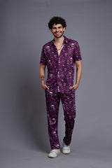 Skull and Rose Printed Purple Shirt with Pant Co-Ord Set For Men