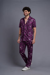 Skull and Rose Printed Purple Shirt with Pant Co-Ord Set For Men
