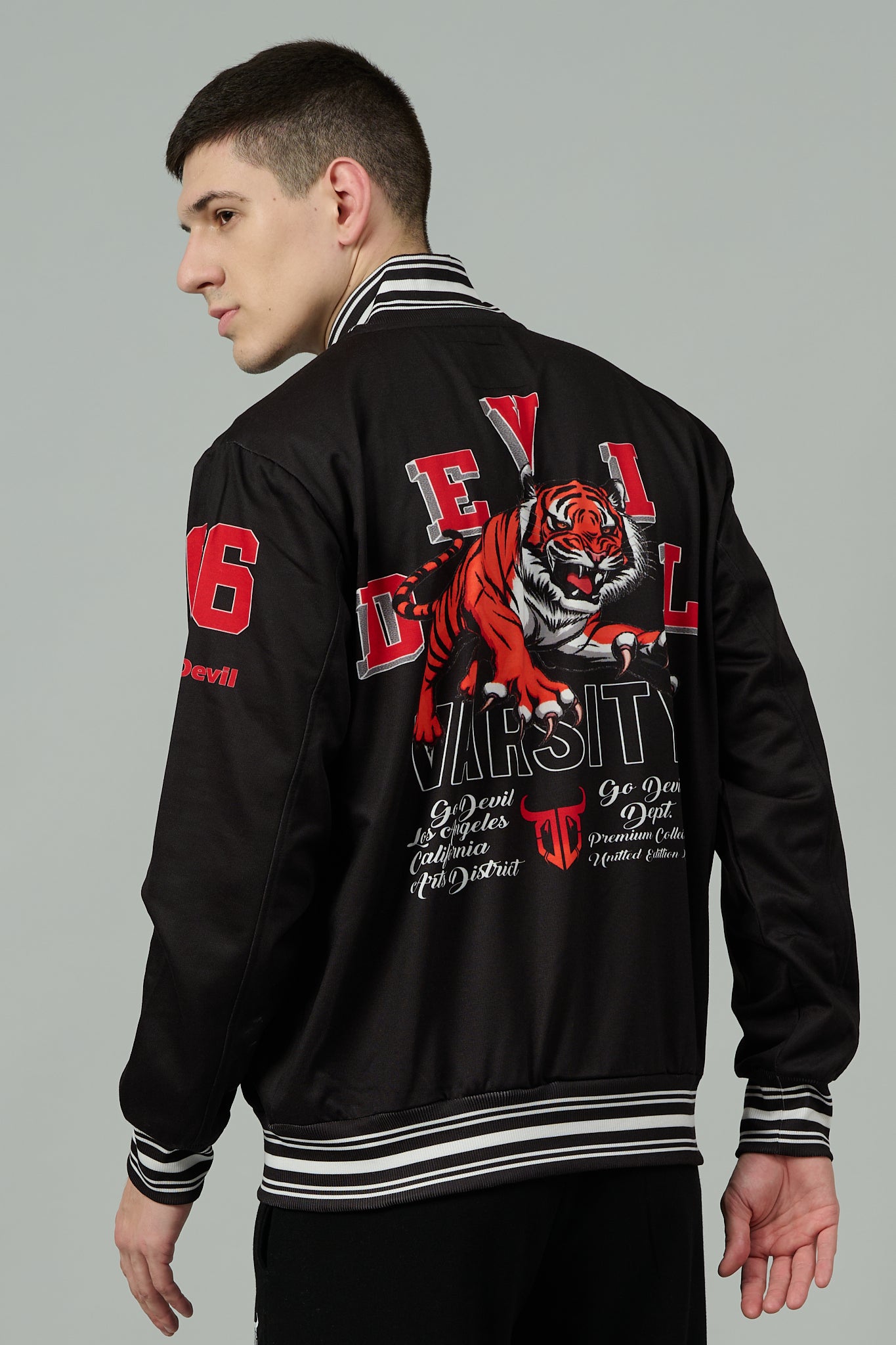Tiger (in Red) Printed Black Varsity Jacket for Men Go Devil