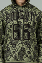 Go Devil 66 & Paisley Design Printed Sage Green Hooded Cord Set for Men