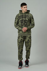 Go Devil 66 & Paisley Design Printed Sage Green Hooded Cord Set for Men
