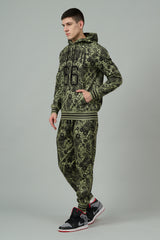 Go Devil 66 & Paisley Design Printed Sage Green Hooded Cord Set for Men