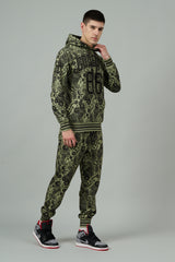 Go Devil 66 & Paisley Design Printed Sage Green Hooded Cord Set for Men