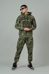 Go Devil 66 & Paisley Design Printed Sage Green Hooded Cord Set for Men