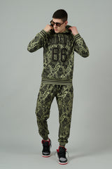 Go Devil 66 & Paisley Design Printed Sage Green Hooded Cord Set for Men