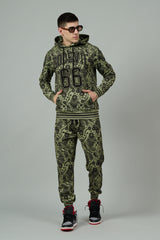 Go Devil 66 & Paisley Design Printed Sage Green Hooded Cord Set for Men