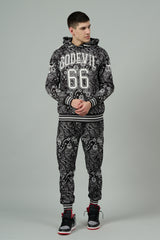 Go Devil 66 & Paisley Design Printed Black Hooded Cord Set for Men