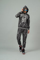 Go Devil 66 & Paisley Design Printed Black Hooded Cord Set for Men