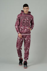 Go Devil 66 & Paisley Design Printed Red Hooded Cord Set for Men