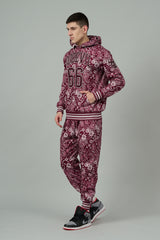 Go Devil 66 & Paisley Design Printed Red Hooded Cord Set for Men