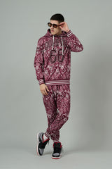Go Devil 66 & Paisley Design Printed Red Hooded Cord Set for Men