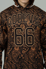 Go Devil 66 & Golden Paisley Design (in Brown) Printed Black Hooded Cord Set for Men
