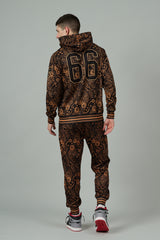 Go Devil 66 & Golden Paisley Design (in Brown) Printed Black Hooded Cord Set for Men