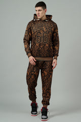 Go Devil 66 & Golden Paisley Design (in Brown) Printed Black Hooded Cord Set for Men