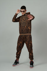 Go Devil 66 & Golden Paisley Design (in Brown) Printed Black Hooded Cord Set for Men