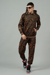 Go Devil 66 & Golden Paisley Design (in Brown) Printed Black Hooded Cord Set for Men