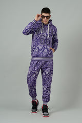 Go Devil 66 & Paisley Design Printed Purple Hooded Cord Set for Men