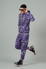 Go Devil 66 & Paisley Design Printed Purple Hooded Cord Set for Men
