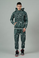 Go Devil 66 & Paisley Design Printed Dark Green Hooded Cord Set for Men
