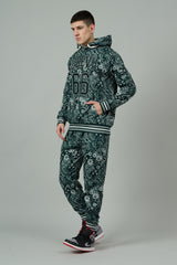 Go Devil 66 & Paisley Design Printed Dark Green Hooded Cord Set for Men