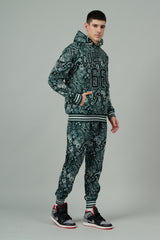Go Devil 66 & Paisley Design Printed Dark Green Hooded Cord Set for Men