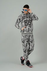 Go Devil 66 & Paisley Design Printed White Hooded Cord Set for Men