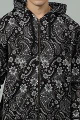 Paisley Design Printed Black Zipper Hoodie Cord Set for Men