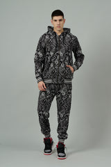Paisley Design Printed Black Zipper Hoodie Cord Set for Men