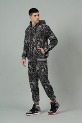 Paisley Design Printed Black Zipper Hoodie Cord Set for Men