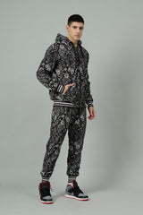 Paisley Design Printed Black Zipper Hoodie Cord Set for Men