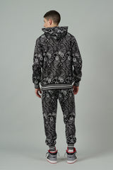 Paisley Design Printed Black Zipper Hoodie Cord Set for Men
