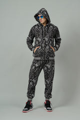 Paisley Design Printed Black Zipper Hoodie Cord Set for Men