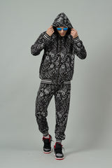 Paisley Design Printed Black Zipper Hoodie Cord Set for Men