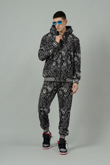 Paisley Design Printed Black Zipper Hoodie Cord Set for Men