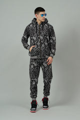 Paisley Design Printed Black Zipper Hoodie Cord Set for Men