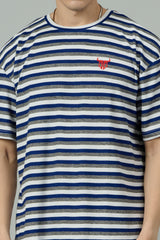 Multi Striped Casual Blue, Grey & White Oversized T-Shirt for Men