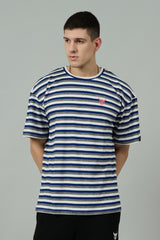 Multi Striped Casual Blue, Grey & White Oversized T-Shirt for Men