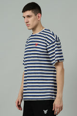 Multi Striped Casual Blue, Grey & White Oversized T-Shirt for Men