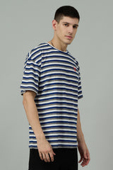 Multi Striped Casual Blue, Grey & White Oversized T-Shirt for Men