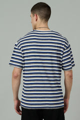 Multi Striped Casual Blue, Grey & White Oversized T-Shirt for Men