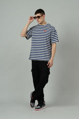 Multi Striped Casual Blue, Grey & White Oversized T-Shirt for Men