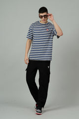 Multi Striped Casual Blue, Grey & White Oversized T-Shirt for Men