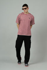 Multi Striped Casual Red, Grey & White Oversized T-Shirt for Men
