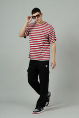 Multi Striped Casual Red, Grey & White Oversized T-Shirt for Men