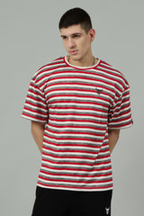 Multi Striped Casual Red, Grey & White Oversized T-Shirt for Men