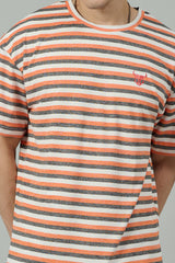 Multi Striped Casual Orange, Grey & White Oversized T-Shirt for Men